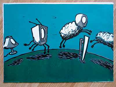 Not Enough Sheep blue dream fine art green lamp linocut night print printmaking reductive tv zombie