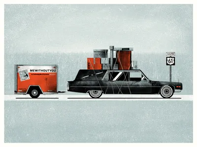 Finished poster for MeWithoutYou 3 color baggage design halftone hearse illustration luggage mewithoutyou poster screen print street sign the drowning men the internet uhaul