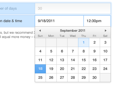 Funding duration blue calendar picker forms grey helvetica neue kickstarter ui