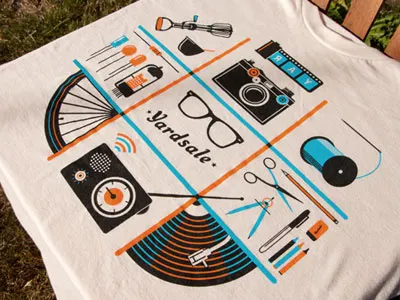 Yardsale Shirt apparel art blue camera electronics film food illustration orange radio sewing t shirt thread vinyl