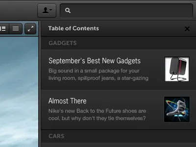Table of Contents (web app UI UX) dark design icons interface ui ux