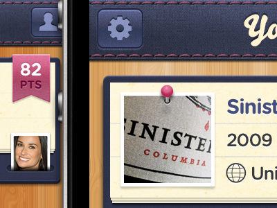 Social Wine iPhone UI Feed apps bar blue design fabric feed interface ios iphone noise photo purple retina ribbon texture thread title ui wood