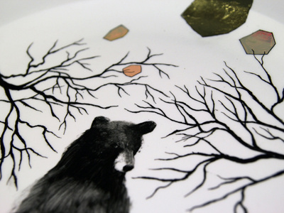The Guardian bear black ceramic dark dish forest geometric gold illustration ink nature oil paint original painting plate trees