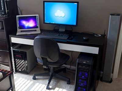 My Home Office - 2011 7 apple computer macbook machine office pc pro rig speakers tv windows workspace