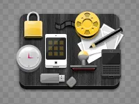 Collection of little objects clock design filmstrip illustration mobile padlock pencil pendrive polaroid stamp tray ui