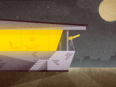 _86 coffee table couch grass home house illustration lawn light mid century modern moon night sofa space stars telescope vintage