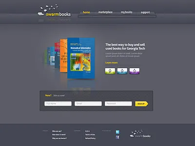 Swarmbooks Home books dark design gray home landing page register form videos web