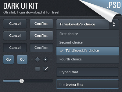 Dark UI Kit - free PSD arrows black button charcoal checkbox dark download dropdown field free glow gray grey handle input kit psd radio shadow slider text ui