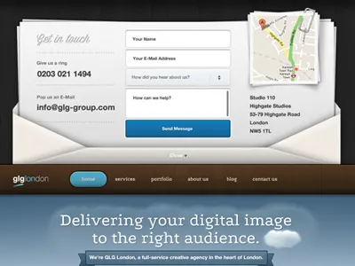 GLG London 2012 Contact Page blue cloud contact drop down envelope form george map paperclip postcard stamp text field vector wood