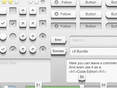 UI Bundle add bundle buttons cross element follow free freebie gui interface kit photoshop plus price psd radio range rating resource search shadow slider textarea tick tooltip ui user ux vector web