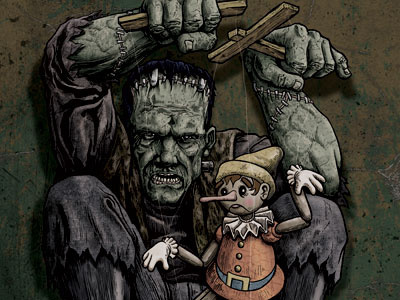 The Creature & The Puppet Finished frankenstein illustration ink photoshop pinocchio