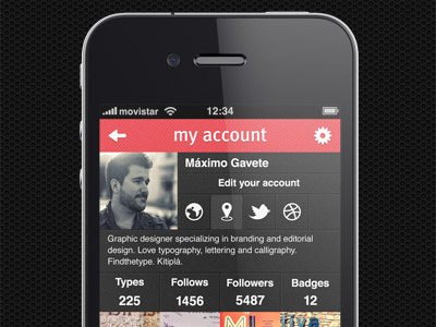 Findthetype my account screen app black font interface ios iphone mobile red texture type ui ux