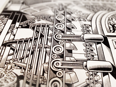 Mural Progress 3 industrial mural scratchboard