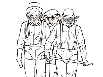 Rebellious Droogs admiral ackbar chewbacca clockwork orange drawing droogs illustration ink line art mash up nien numb pen rebels star wars yoda