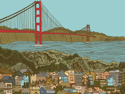 Finished illustration of San Francisco california golden gate bridge hand drawn hero design studio hill houses illustration line work san francisco screen print screenprint silkscreen sky travel