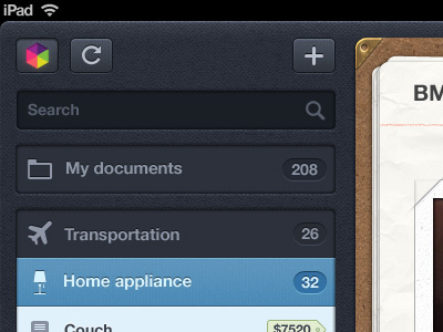 Getbelongings ipad app app clip ios ipad menu navigation receipt stitches textures ui ux