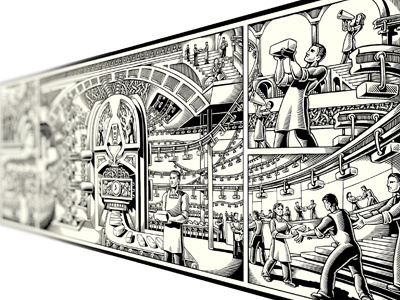 Mural Final Right Side illustration industrial mural scratchboard