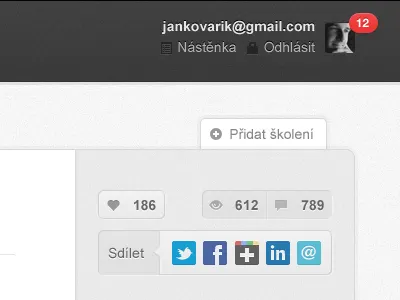 Share and like buttons on NAUC.cz app counter glyphicons gray icons login share ui web