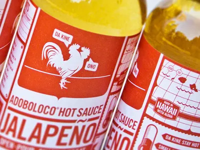Adoboloco Packaging adoboloco hot sauce labels logo maui packaging rooster typography