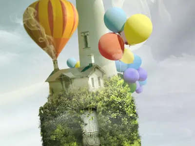 Floating air balloon clouds grass hot house lighthouse mikebeecham photo photomanipulation sky smoke