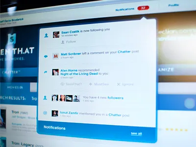 SeenTh.at Notifications Flyout actors blue flyout followers following interface movies network notifications seenthat sharing social toolbar users