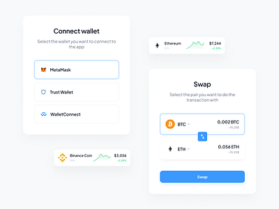 Crypto components bitcoin blockchain blue buy clean cryptocurrency currency design ethereum flow minimal modern sell swap ui ui component wallet web design webapp widget