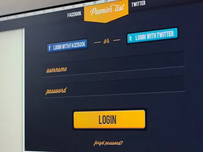 Login page - Premier list big buttons design facebook icons login page password site texture twitter typography username website