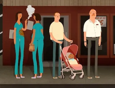 Another in a Series: Work We're Working On. 2d animation average average people baby broadcast design canada character design city dad dad with baby design development editorial illustration illustration man nurse nurses ontario people redheaded man series smoking nurse street stroller tinman tinman creative toronto