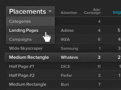 Table with different states app bar chart black cell chart column compare dark data diff dropdown graph highlight hover impressions nav numbers product row sort statistics tab tabbed table table metrics trend typography web app