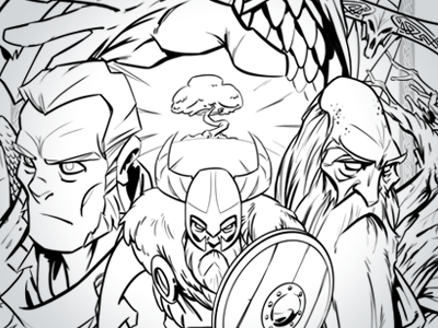 Inks - Final poster beard bird comic drawing faces helmet illustration inks odinn poster raven shield sketch sword tree viking