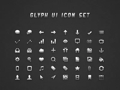 Glyph UI Icon Set 16x16 airplane app bucket comments csh cursor design free freebie glyph glyphs icon icons ipad iphone photoshop pixel png psd resource search set tick ui vector website