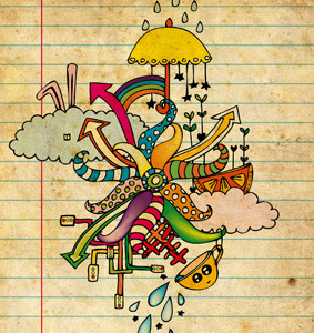 Notebook World bunny cloud mug notebook old rabbit rain rainbow star umbrella vintage water