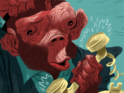 Monkey Suit ape art blue business suit cartoon character character design digital digital painting drawing editorial funny hair hands humor illustration ink line logan faerber monkey painting phone primate red stock stock illustration stock image suit yellow