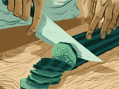 Cutting Board art blue chef cucumber cutting cutting board design digital digital art drawing green hands illustration ink kitchen knife line line work logan faerber orange stock stock image vegetable wood yellow