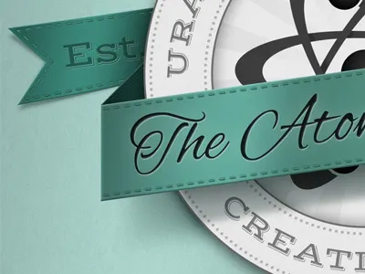 Brand exploration for an event (bitmap version) atomic badge burst circle dots established gradient letterine logo medallion ribbon shadow stitches texture