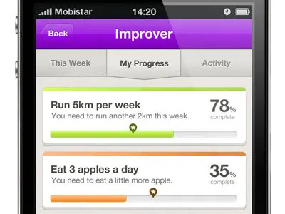 Improver Design app design interface ios iphone mobile pattern percentages progress progress bar purple retina tabs texture ui