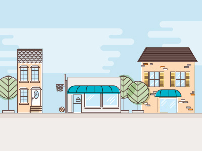 Neighborhood ball cloud house illustration shop street tree