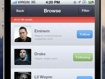 Browse app back browse clean filter follow following iphone mobile results search ui