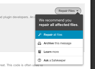 Repair all files button icons options popover security vaultpress wordpress