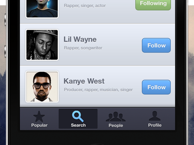 Search app back browse clean filter follow following iphone mobile people popular profile results search ui