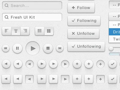 Fresh UI Kit add buttons checkbox cross delete design dropdown edit follow free freebie grid list media next off on photoshop previous psd radio resource switch text tick vector view