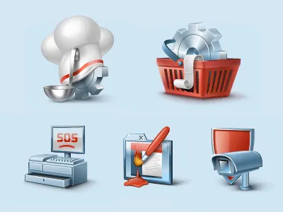 Cook, shop, sell, design, secure! brush camera cart cook design icon icons secure sell shield shop sos vector xara xtreme