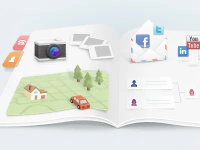 Book Illustration 3d book camera car envelope homepage icons illustration map photos social media tabs tree web