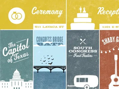Austin Visitor's Guide Illustrations airstream austin bats bridge cake capitol congress fatboy guitar illustration invitation knockout map reception ring script shady grove spoleto texture trailer typography vintage wedding wood type revival
