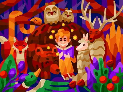 Reading with forest animals animals bear colorful deer duck flat forest fox illustration kids book owl pbn puzzle reading snake vector vectorart wild animals