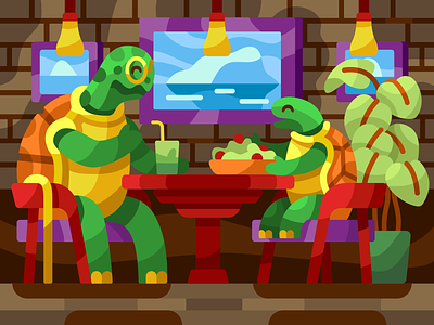 Turtles in cafe cafe child book colorful flat grandfather illustration painting pbn puzzle turtles vector