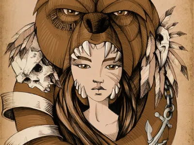 Pocahontas bear girl illustration paper pen wacom