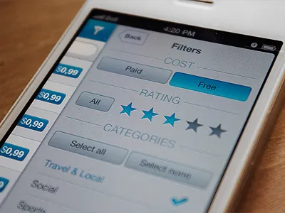 Filters app blue filters interface ios iphone noize silver slidebar texture ui