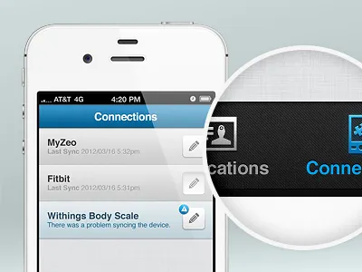 Connections app applications badge body citrusbyte devices edit fitbit health iphone mhealth myzeo pencil scale sleep steps texture warning weight withings zoom