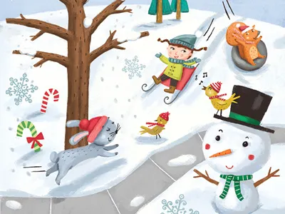 Somersaults Magazine Cover bird birds childrens illustration christmans scene holiday kids illustration kids playing in snow magazine cover outdoor scene sledding snow snowflakes snowman squirrel winter scene